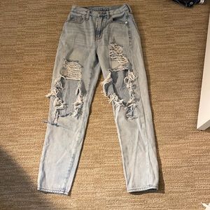 AE ripped high waist light wash mom jeans